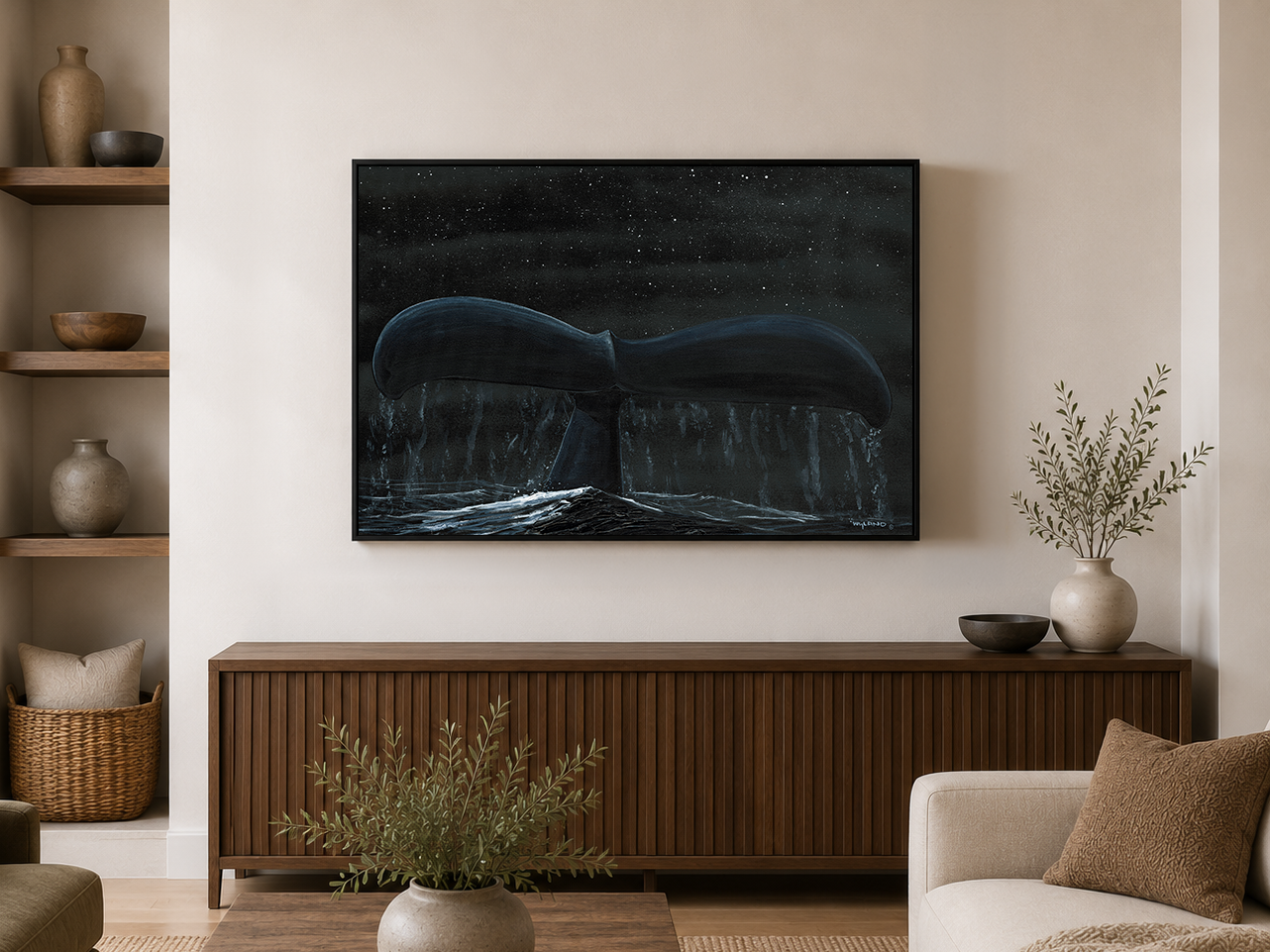 Humpback Sounding painting by Wyland — whale tail against a starry night sky