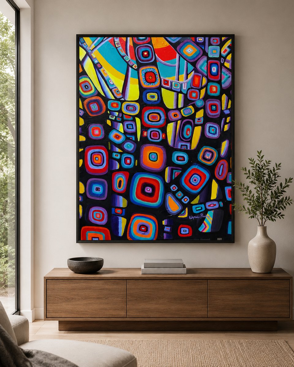 Norval's Trees — a bold, patterned acrylic painting of trees
