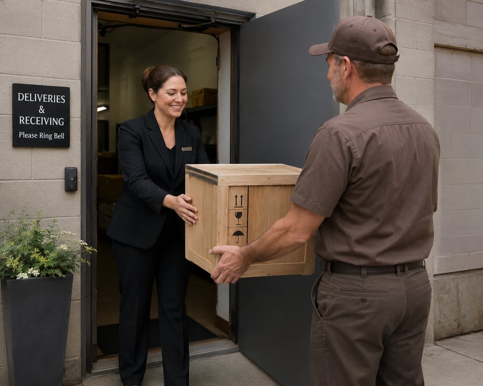 A delivery professional handing a crated memorial product to a funeral home staff member at the receiving door