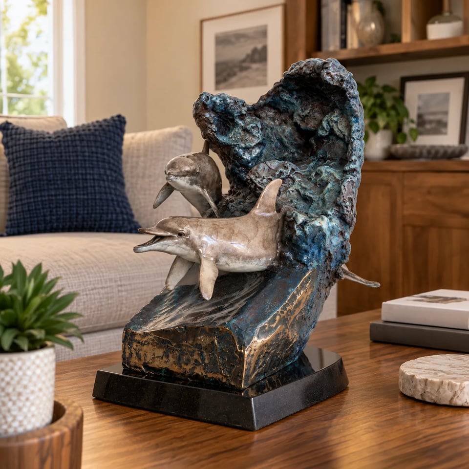 Finished dolphin Bronze Memorial Sculpture displayed in the home